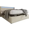 Lit 160x200 cm coffre de rangement avec sommier relevable, tête de lit LED tapissée PU blanc, style contemporain>Redom Online