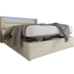 Lit 160x200 cm coffre de rangement avec sommier relevable, tête de lit LED tapissée PU blanc, style contemporain>Redom Online