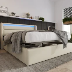 Lit 160x200 cm coffre de rangement avec sommier relevable, tête de lit LED tapissée PU blanc, style contemporain><noscript><img width=