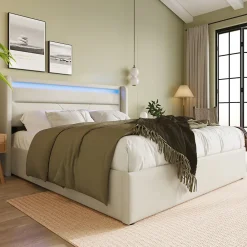 Lit 160x200 cm coffre de rangement avec sommier relevable, tête de lit LED tapissée PU blanc, style contemporain><noscript><img width=