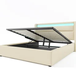Lit 160x200 cm coffre de rangement avec sommier relevable, tête de lit LED tapissée PU blanc, style contemporain><noscript><img width=