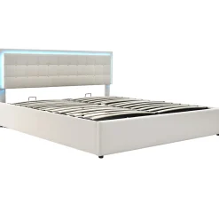 Redom Lit 140x200 cm coffre de rangement avec sommier relevable, tête de lit capitonnée en PU et éclairage LED* Ensemble Sommier Et Matelas