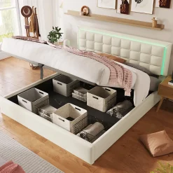 Redom Lit 140x200 cm coffre de rangement avec sommier relevable, tête de lit capitonnée en PU et éclairage LED* Ensemble Sommier Et Matelas