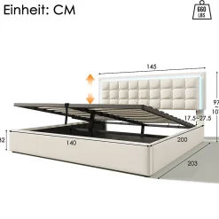 Redom Lit 140x200 cm coffre de rangement avec sommier relevable, tête de lit capitonnée en PU et éclairage LED* Ensemble Sommier Et Matelas