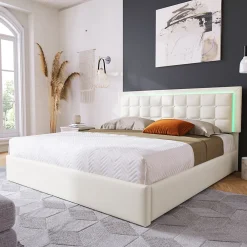 Redom Lit 140x200 cm coffre de rangement avec sommier relevable, tête de lit capitonnée en PU et éclairage LED* Ensemble Sommier Et Matelas
