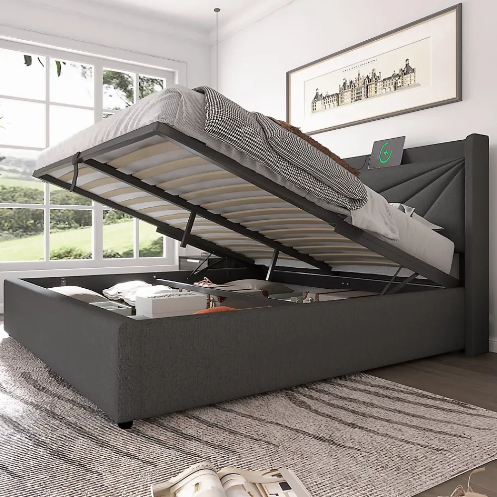 Redom Lit 160x200 cm coffre de rangement avec ports USB et Type C, tete geometrique tapissee lin coton, cadre metal* Ensemble Sommier Et Matelas