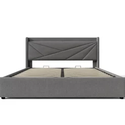 Redom Lit 160x200 cm coffre de rangement avec ports USB et Type C, tete geometrique tapissee lin coton, cadre metal* Ensemble Sommier Et Matelas