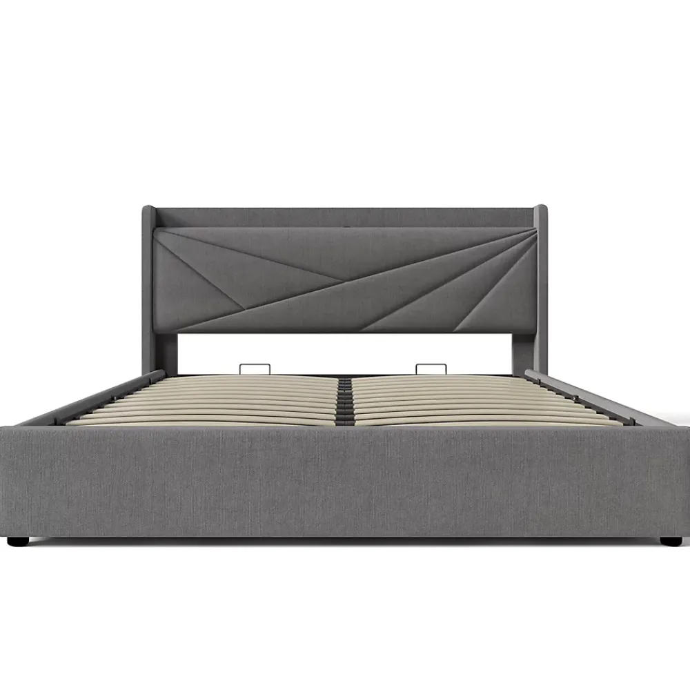 Redom Lit 160x200 cm coffre de rangement avec ports USB et Type C, tete geometrique tapissee lin coton, cadre metal* Ensemble Sommier Et Matelas