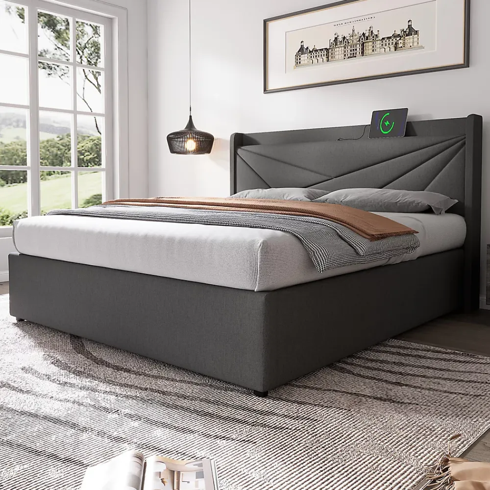 Redom Lit 160x200 cm coffre de rangement avec ports USB et Type C, tete geometrique tapissee lin coton, cadre metal* Ensemble Sommier Et Matelas