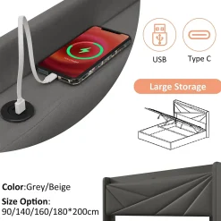 Redom Lit 160x200 cm coffre de rangement avec ports USB et Type C, tete geometrique tapissee lin coton, cadre metal* Ensemble Sommier Et Matelas