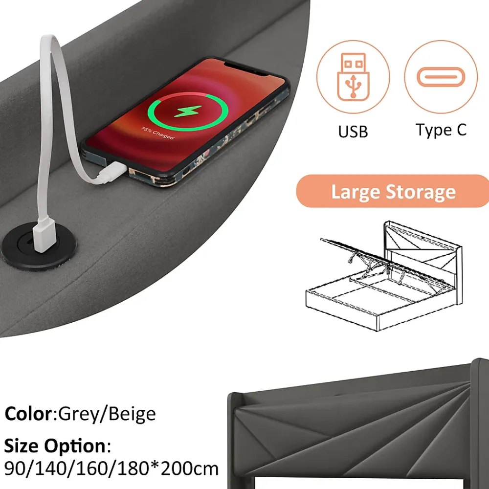 Redom Lit 160x200 cm coffre de rangement avec ports USB et Type C, tete geometrique tapissee lin coton, cadre metal* Ensemble Sommier Et Matelas
