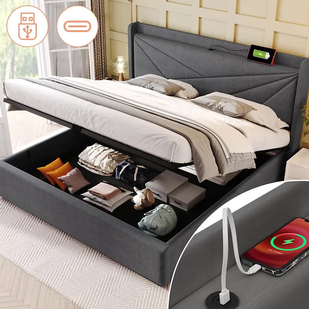 Redom Lit 160x200 cm coffre de rangement avec ports USB et Type C, tete geometrique tapissee lin coton, cadre metal* Ensemble Sommier Et Matelas