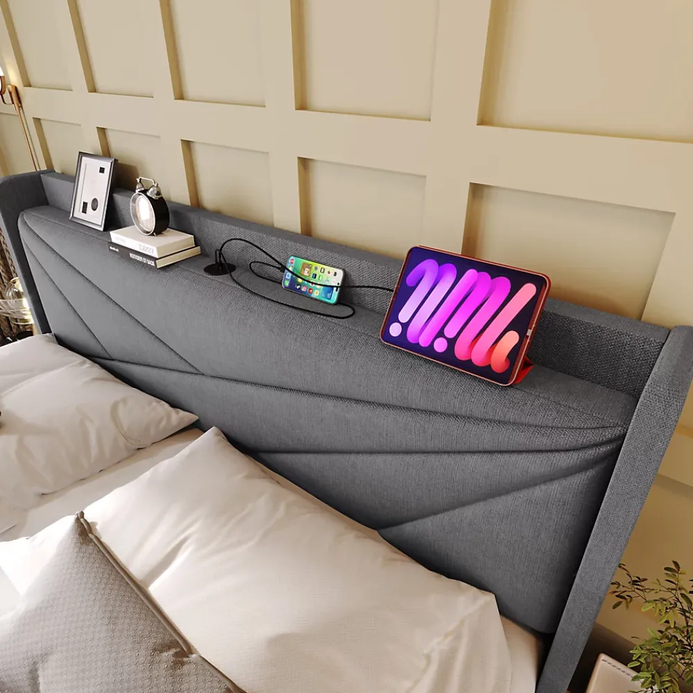 Redom Lit 160x200 cm coffre de rangement avec ports USB et Type C, tete geometrique tapissee lin coton, cadre metal* Ensemble Sommier Et Matelas