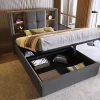 Redom Lit 90x200 cm coffre relevable, tête de lit tapissée coton gris avec charge sans fil et ports USB* Ensemble Sommier Et Matelas