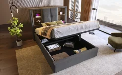 Redom Lit 90x200 cm coffre relevable, tête de lit tapissée coton gris avec charge sans fil et ports USB* Ensemble Sommier Et Matelas