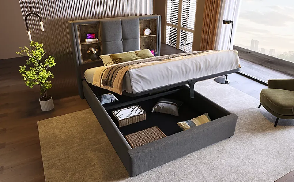 Redom Lit 90x200 cm coffre relevable, tête de lit tapissée coton gris avec charge sans fil et ports USB* Ensemble Sommier Et Matelas