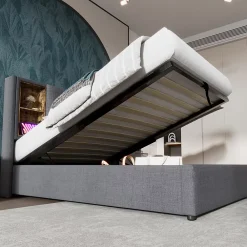 Redom Lit 90x200 cm coffre relevable, tête de lit tapissée coton gris avec charge sans fil et ports USB* Ensemble Sommier Et Matelas