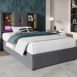 Redom Lit 90x200 cm coffre relevable, tête de lit tapissée coton gris avec charge sans fil et ports USB* Ensemble Sommier Et Matelas