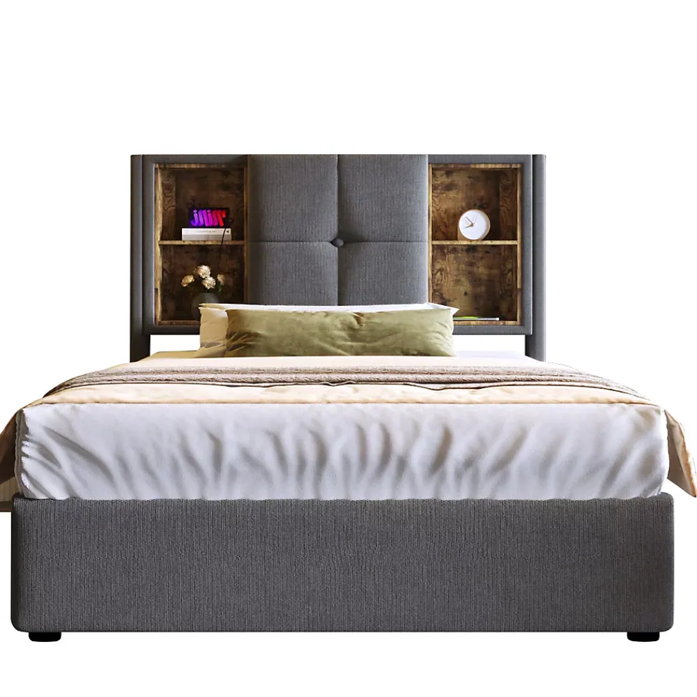 Redom Lit 90x200 cm coffre relevable, tête de lit tapissée coton gris avec charge sans fil et ports USB* Ensemble Sommier Et Matelas