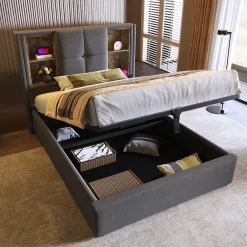 Redom Lit 90x200 cm coffre relevable, tête de lit tapissée coton gris avec charge sans fil et ports USB* Ensemble Sommier Et Matelas
