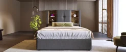 Redom Lit 90x200 cm coffre relevable, tête de lit tapissée coton gris avec charge sans fil et ports USB* Ensemble Sommier Et Matelas