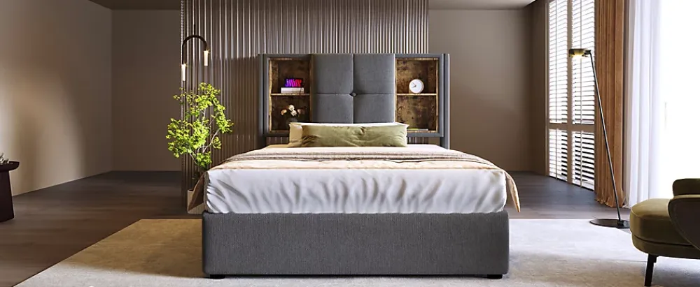Redom Lit 90x200 cm coffre relevable, tête de lit tapissée coton gris avec charge sans fil et ports USB* Ensemble Sommier Et Matelas