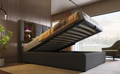 Redom Lit 90x200 cm coffre relevable, tête de lit tapissée coton gris avec charge sans fil et ports USB* Ensemble Sommier Et Matelas