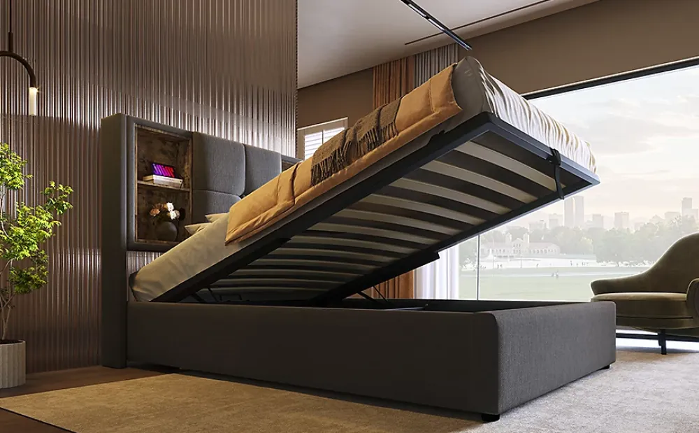 Redom Lit 90x200 cm coffre relevable, tête de lit tapissée coton gris avec charge sans fil et ports USB* Ensemble Sommier Et Matelas