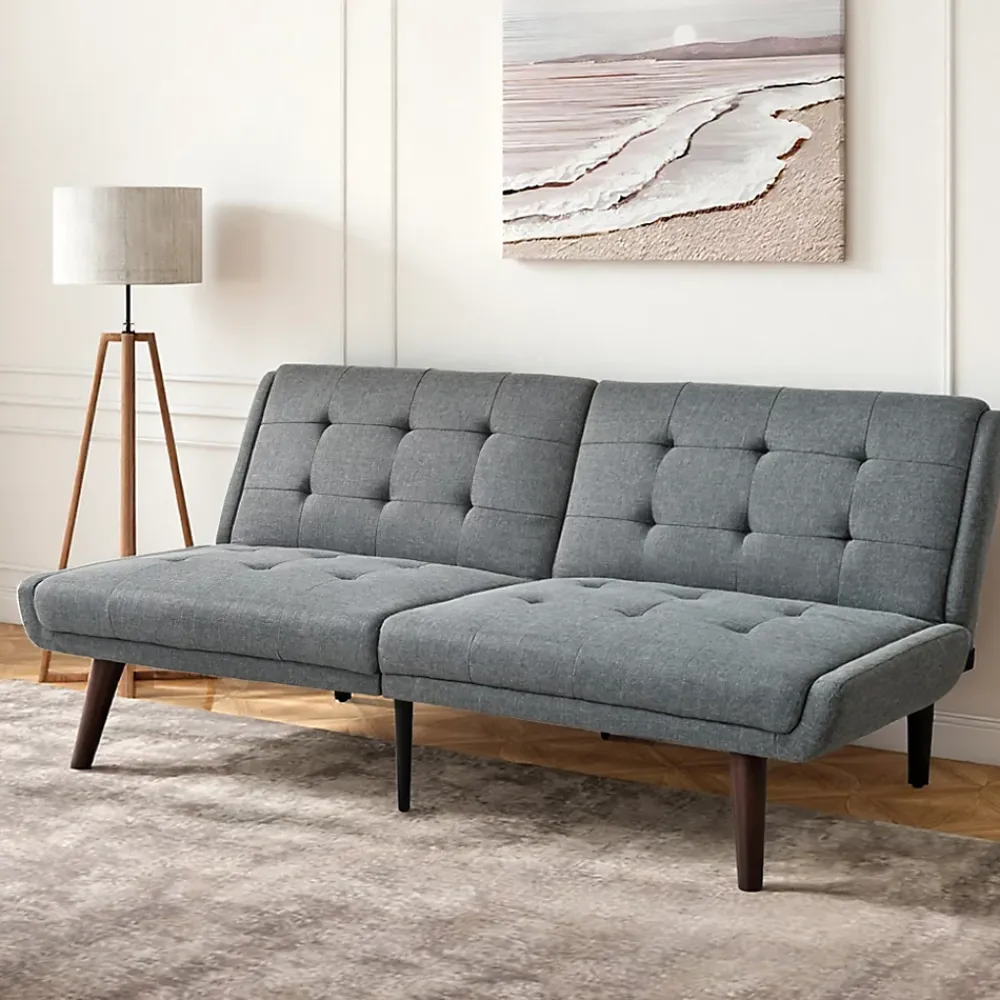 Redom Lit 146x89 cm convertible 3-en-1 en tissu lin gris, dossier 5 positions, cadre bois et renfort métal* Lit Simple