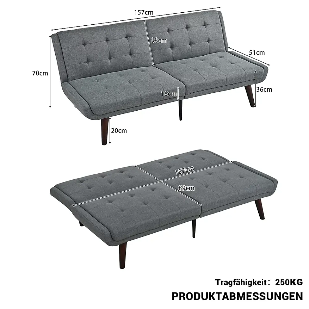 Redom Lit 146x89 cm convertible 3-en-1 en tissu lin gris, dossier 5 positions, cadre bois et renfort métal* Lit Simple