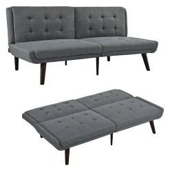 Redom Lit 146x89 cm convertible 3-en-1 en tissu lin gris, dossier 5 positions, cadre bois et renfort métal* Lit Simple
