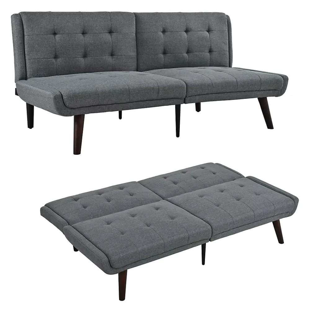 Redom Lit 146x89 cm convertible 3-en-1 en tissu lin gris, dossier 5 positions, cadre bois et renfort métal* Lit Simple