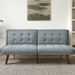 Redom Lit 146x89 cm convertible 3-en-1 en tissu lin gris, dossier 5 positions, cadre bois et renfort métal* Lit Simple