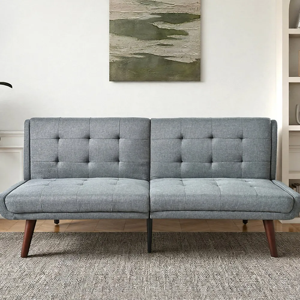 Redom Lit 146x89 cm convertible 3-en-1 en tissu lin gris, dossier 5 positions, cadre bois et renfort métal* Lit Simple