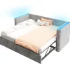 Redom Lit 90x200 cm convertible en 180x200 cm, tapissé velours gris avec LED multicolore et structure MDF* Lit Gigogne