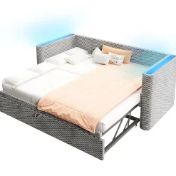 Redom Lit 90x200 cm convertible en 180x200 cm, tapissé velours gris avec LED multicolore et structure MDF* Lit Gigogne