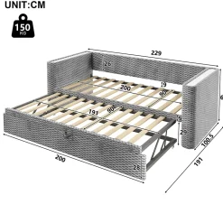 Redom Lit 90x200 cm convertible en 180x200 cm, tapissé velours gris avec LED multicolore et structure MDF* Lit Gigogne
