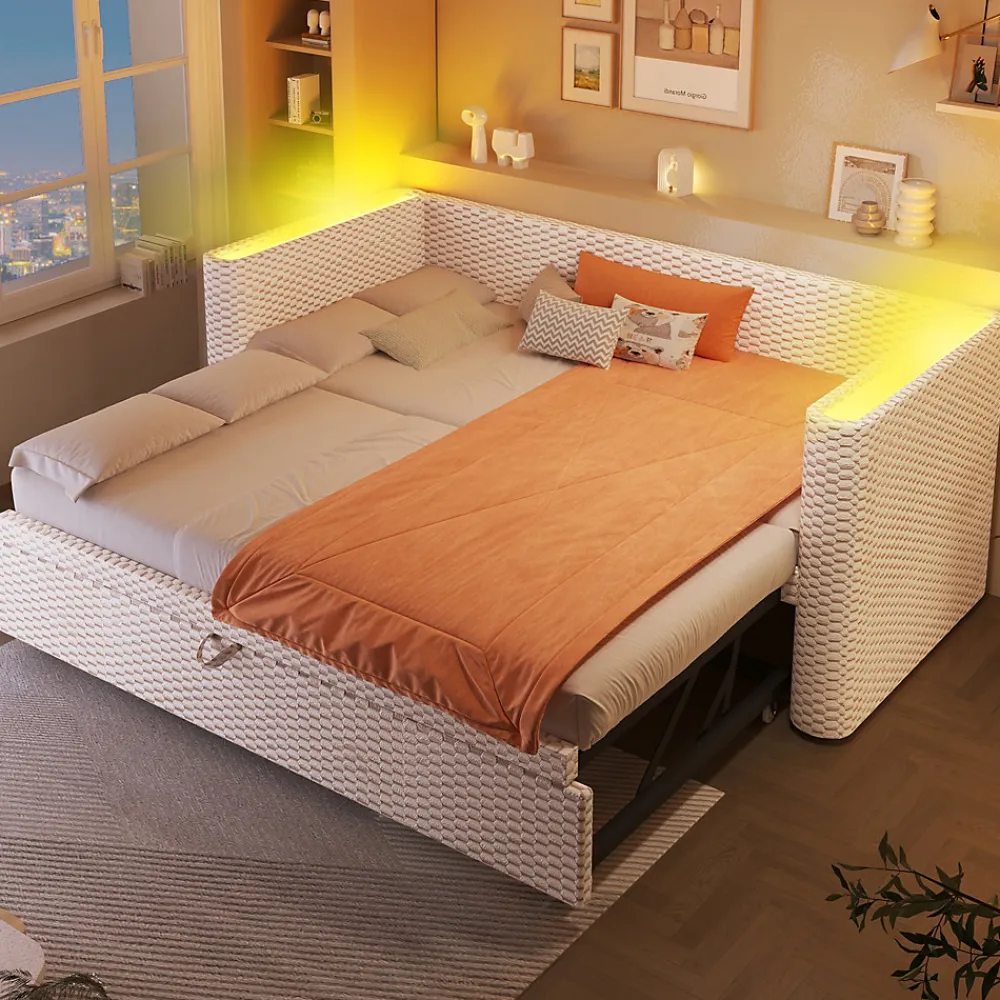 Lit 90x200 cm convertible en 180x200 cm avec revêtement velours beige et bande LED contrôlée par application>Redom Hot