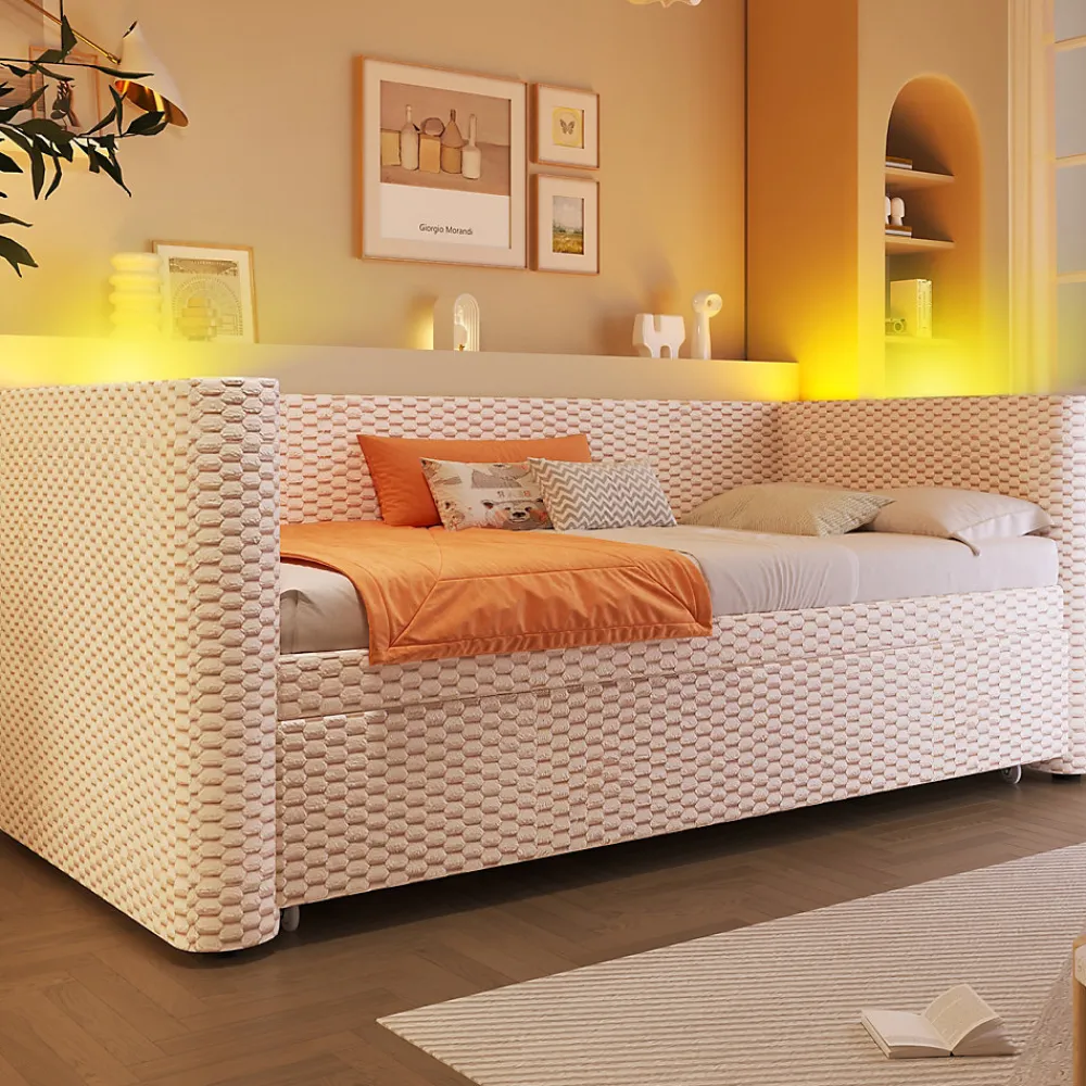 Lit 90x200 cm convertible en 180x200 cm avec revêtement velours beige et bande LED contrôlée par application>Redom Hot