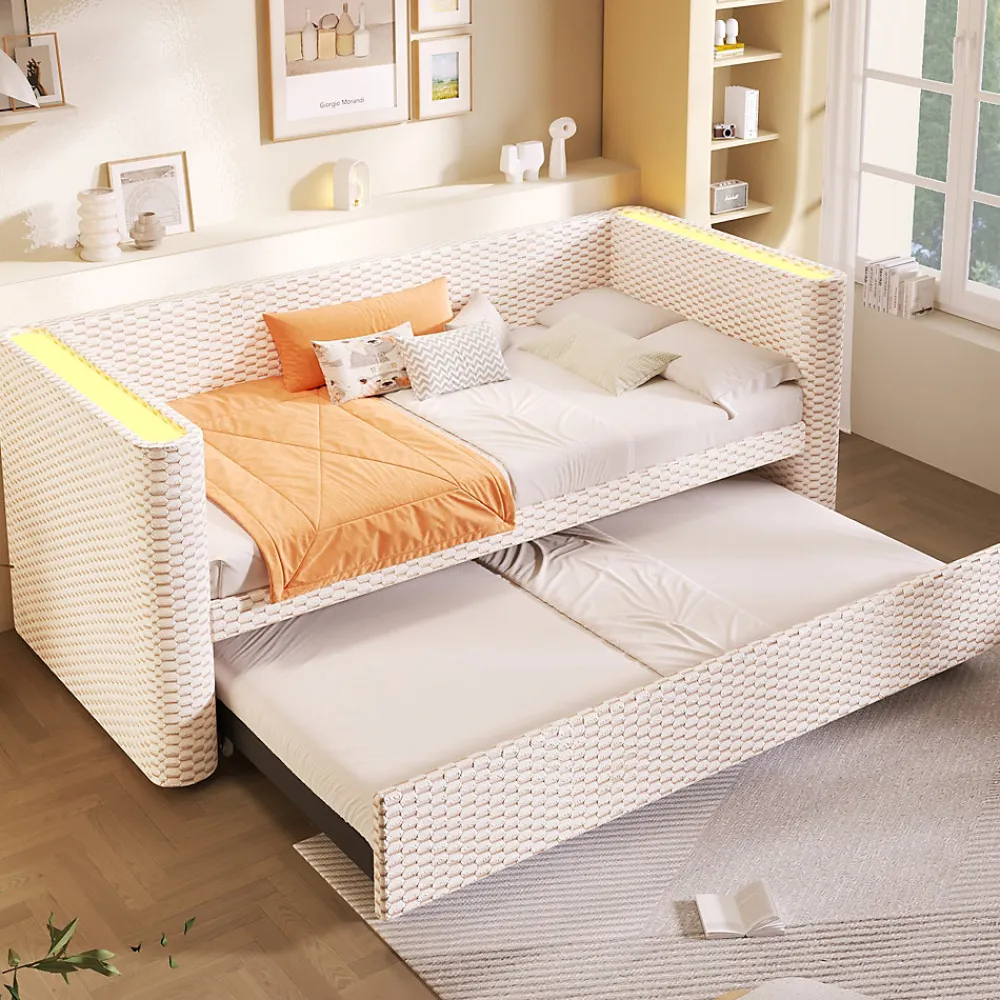 Lit 90x200 cm convertible en 180x200 cm avec revêtement velours beige et bande LED contrôlée par application>Redom Hot