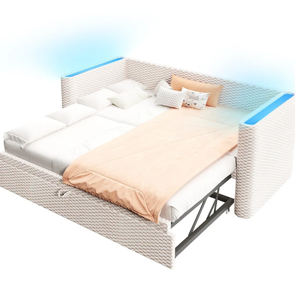Lit 90x200 cm convertible en 180x200 cm avec revêtement velours beige et bande LED contrôlée par application>Redom Hot