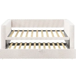 Lit 90x200 cm convertible en 180x200 cm avec revêtement velours beige et bande LED contrôlée par application><noscript><img width=