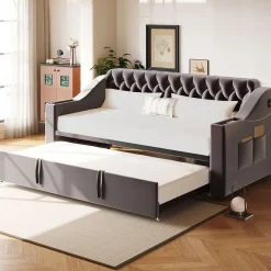 Redom Lit 90x190 cm convertible en 180x190 cm avec rangements intégrés, accoudoirs coffre et revêtement velours gris* Lit Gigogne
