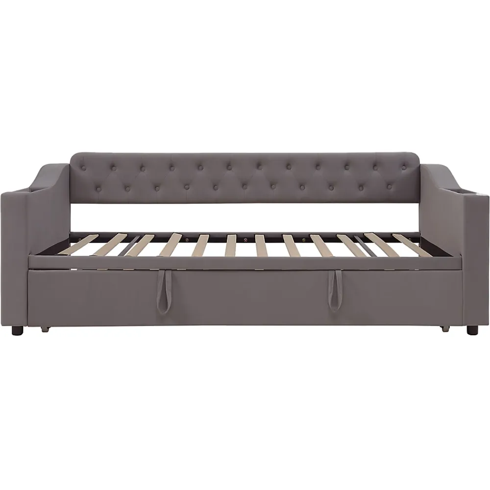 Redom Lit 90x190 cm convertible en 180x190 cm avec rangements intégrés, accoudoirs coffre et revêtement velours gris* Lit Gigogne