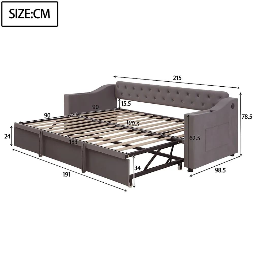 Redom Lit 90x190 cm convertible en 180x190 cm avec rangements intégrés, accoudoirs coffre et revêtement velours gris* Lit Gigogne