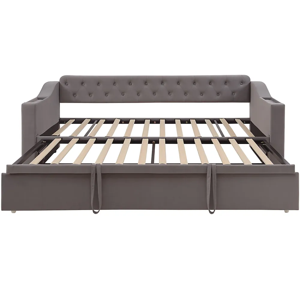 Redom Lit 90x190 cm convertible en 180x190 cm avec rangements intégrés, accoudoirs coffre et revêtement velours gris* Lit Gigogne