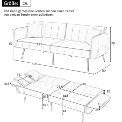Redom Lit 215x81,5 cm convertible velours, dossiers et accoudoirs multipositions, pieds métal doré, style moderne* Lit Simple