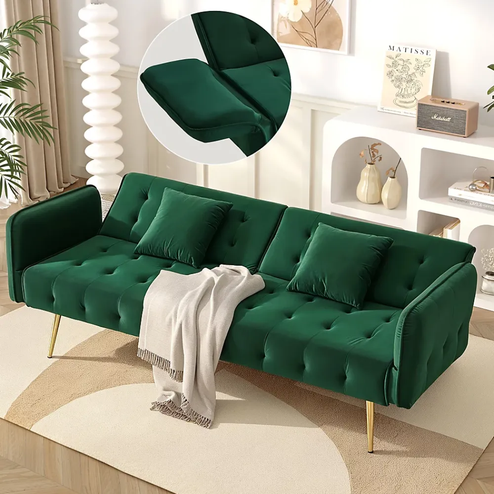 Redom Lit 215x81,5 cm convertible velours, dossiers et accoudoirs multipositions, pieds métal doré, style moderne* Lit Simple
