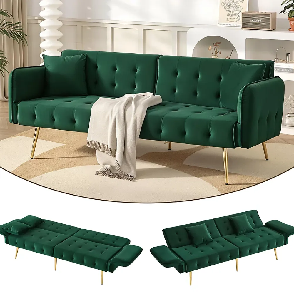 Redom Lit 215x81,5 cm convertible velours, dossiers et accoudoirs multipositions, pieds métal doré, style moderne* Lit Simple