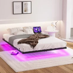 Redom Lit 120x200 cm effet flottant avec éclairage LED et station de charge intégrée, finition noir* Lit Simple